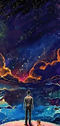 This incredible phone live wallpaper features a man and a dog standing on a hill gazing up at a magnificent display of colorful and swirly magical clouds that float among the stars