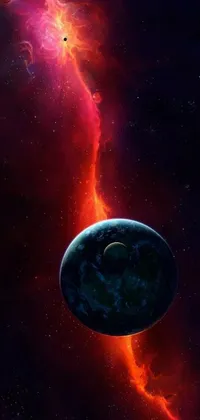 This phone live wallpaper features a visually stunning close up of a planet surrounded by a fiery atmosphere and set against a starry background