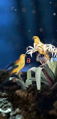 This phone live wallpaper showcases an enchanting scene of two birds perched atop a vibrant flower
