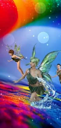 This live wallpaper for your phone showcases a digital art feature of fairies, floating above the water with enchanting wings