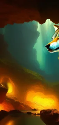 This captivating live wallpaper features a majestic wolf standing on a rocky ledge overlooking a body of water, with a mystical cave painting as the backdrop