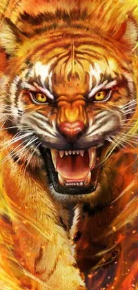 This live wallpaper features a highly detailed avatar image of a tiger in flames on a cell phone