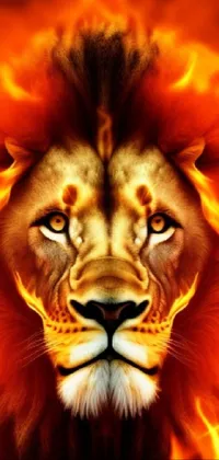 Looking for a phone live wallpaper that will make your screen come alive? Check out this stunning digital art design featuring a close-up of a lion set against a vibrant fire background
