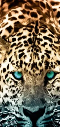 This phone live wallpaper showcases a gorgeous digital rendering of a leopard with entrancing blue eyes