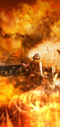 This phone live wallpaper features a striking digital artwork of a man facing a burning plane with a background of soldiers rushing to battle and a burning wrecked car