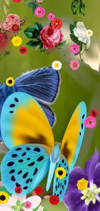 This phone live wallpaper depicts a blue butterfly perched on a vibrant purple flower, set against a charming cottagecore backdrop