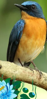 This live wallpaper features a stunning bird perched on a branch, surrounded by vivid blue and orange hues
