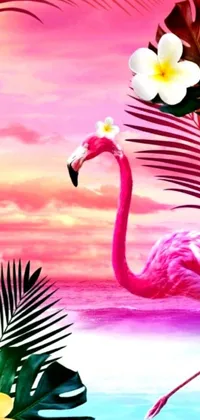 This live phone wallpaper showcases a whimsical painting of a flamingo standing in shallow water