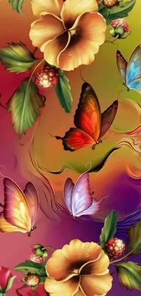 This phone live wallpaper showcases an exquisite painting of brightly-hued flowers and delicate butterflies against a colorful backdrop