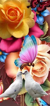 This phone live wallpaper depicts two birds atop a vibrant bunch of airbrush-style flowers