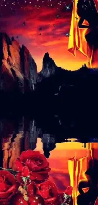 This stunning mobile live wallpaper features two vibrant red roses against a backdrop of surreal, colorful mountains, a glittering lake, and a fiery sunset