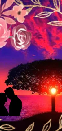 This live wallpaper depicts a couple sharing a romantic kiss beneath a tree as the sun sets in the background
