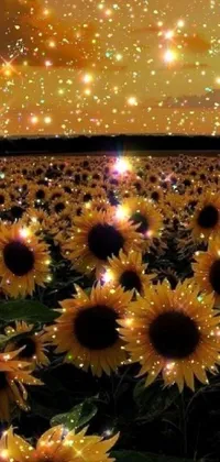 This live phone wallpaper features a field of sunflowers under a starry sky, with a tumblr aesthetic and a sparkling, glittering effect that makes the flowers and petals shine with luminosity