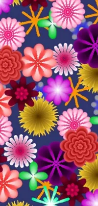 This colorful phone live wallpaper depicts a gorgeous collection of flowers set against a serene blue background