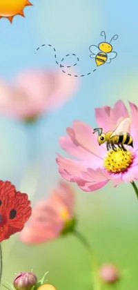 This lovely live wallpaper for your phone features a digital rendering of a bee resting on a pink flower