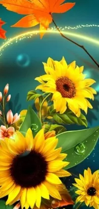 This stunning 3D digital art live wallpaper features gorgeous sunflowers and leaves on a blue background, perfect for autumn
