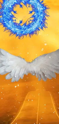 This delightful phone live wallpaper features a serene angel with wings, soaring across a breathtaking sky filled with rays of sunlight and fluffy clouds