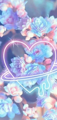 This vibrant phone live wallpaper features a central digital art heart surrounded by floral accents on a blueish-purple neon background