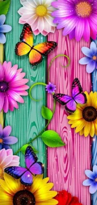 This lively phone wallpaper boasts an array of colorful flowers and playful butterflies set against a charming wooden background