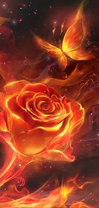 This phone live wallpaper showcases a stunningly beautiful rose on fire with a captivating butterfly in the background