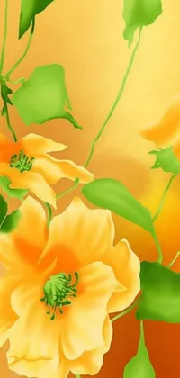 This phone live wallpaper features a vibrant digital art painting of yellow flowers with green leaves in an orange color theme