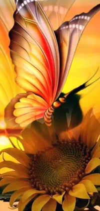 Decorate your phone with a mesmerizing live wallpaper featuring a graceful butterfly perched atop a blooming sunflower