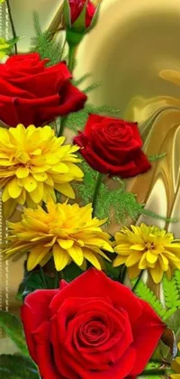 This phone live wallpaper features a stunning vase filled with vivid red roses and sunny yellow daisies that creates a charming and lively visual effect