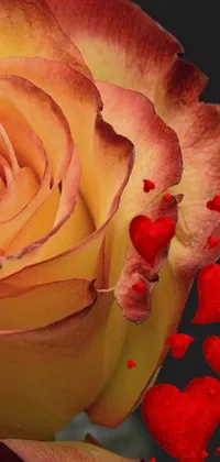 This phone live wallpaper showcases a stunning close-up of a vibrant rose surrounded by swirling hearts