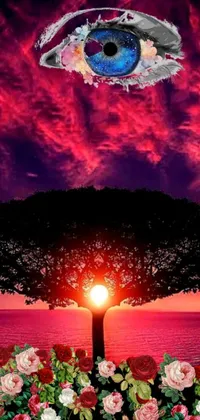 This mobile live wallpaper showcases a stunning tree adorned with an enigmatic eye on its bark, against a picturesque background of a red and pink sunset and deep blue skies