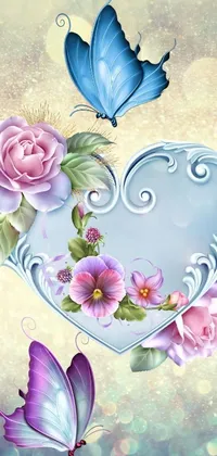 This phone live wallpaper features a beautiful painting of a heart surrounded by delicate flowers, a fluttering butterfly, and a blue rose