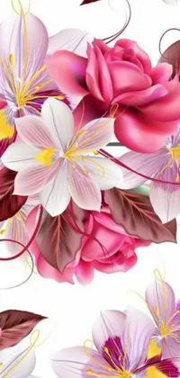 This live wallpaper is a stunning digital art piece that features a gorgeous bouquet of white and pink flowers with intricate floral ornaments set on a crisp, white background for your phone