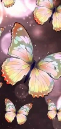 This phone live wallpaper showcases a stunning scene of butterflies in flight, depicted in a beautiful airbrush painting style