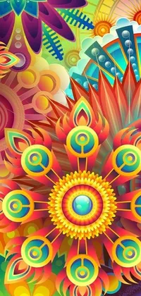 This lively live phone wallpaper features a vase with numerous multicolored flowers and patterns of psychedelic art, embellished with fluffy feathers and wisps that move dynamically around the flowers