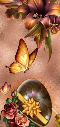 This phone live wallpaper features a gorgeous painting of flowers and butterflies in a vase