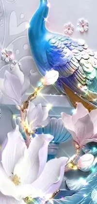 "Dazzle your device screen with a striking digital peacock live wallpaper adorned with a bed of multicolored flowers and exquisite opal statues draped in sparkling jewels