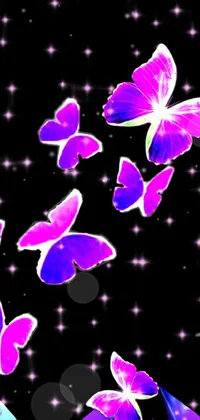 This phone live wallpaper depicts a breathtaking scene of purple butterflies flying through a stunning night sky