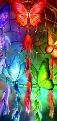 This live wallpaper features a vibrant dream catcher with intricate feathers and bright butterflies on a high definition background