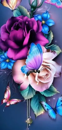 This phone live wallpaper boasts a charming collection of flowers and butterflies set against a serene blue background