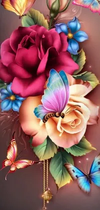 This phone live wallpaper features a stunning airbrush painting of flowers and butterflies, perfect for adding a touch of nature and beauty to your device