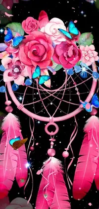 This downloadable phone live wallpaper features a pink dream catcher adorned with flowers and butterflies against a dark, starry sky