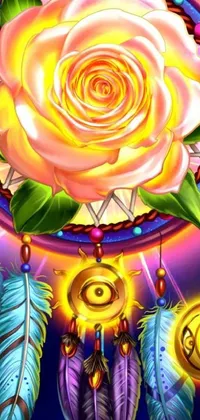 This phone live wallpaper showcases a colorful image of a rose with intricate feathers surrounded by swirling psychedelic galactic dreamcatchers
