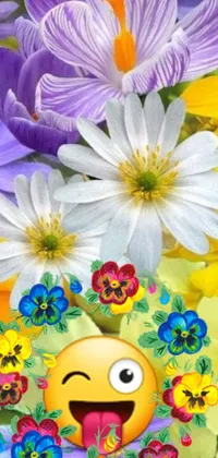 Get this colorful and cheerful phone live wallpaper featuring a bunch of flowers with a smiley face at the center