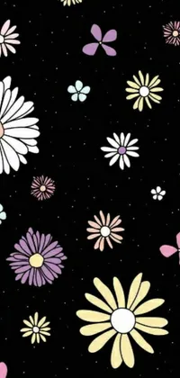 This phone live wallpaper features a stunning display of vector art flowers in different colors arranged on a black background with a galaxy-looking background enhancing the mystical vibe