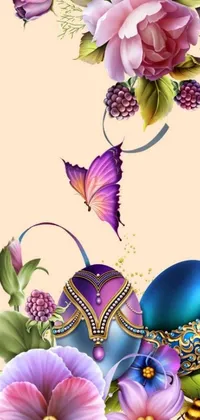 This stunning phone live wallpaper showcases a beautiful easter egg surrounded by fluttering butterflies and vibrant flowers