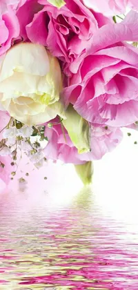 This phone live wallpaper showcases a beautifully arranged vase filled with pink and white flowers, against a serene background image with clear water
