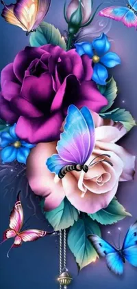 This live wallpaper features a stunning face surrounded by an array of vibrant flowers and butterflies, painted in a dreamy, airbrushed style