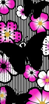 This stunning live wallpaper showcases a black and white striped background adorned with vibrant pink flowers in a mesmerizing digital rendering