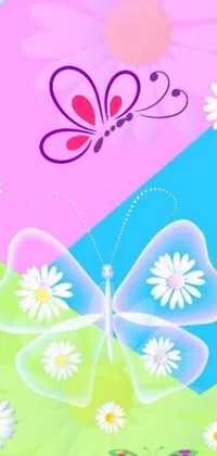 This phone live wallpaper boasts a bright and vibrant display of a fluttering butterfly amidst a bed of daisies with predominantly blue and pink shades