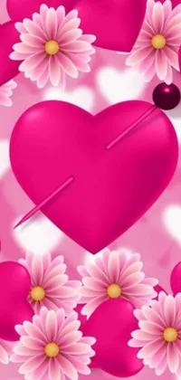 This lively phone live wallpaper showcases a heart-shaped design adorned with pink flowers and smaller heart symbols