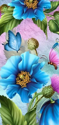 This stunning phone live wallpaper features a highly detailed digital artwork of blue flowers and butterflies